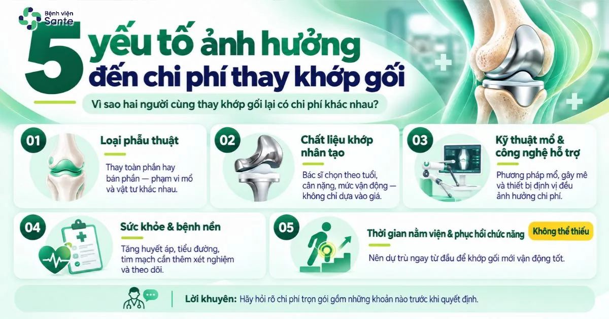 Infographic 5 yếu tố quyết định tổng chi phí thay khớp gối gồm loại phẫu thuật, vật liệu khớp, kỹ thuật mổ, bệnh nền và phục hồi chức năng